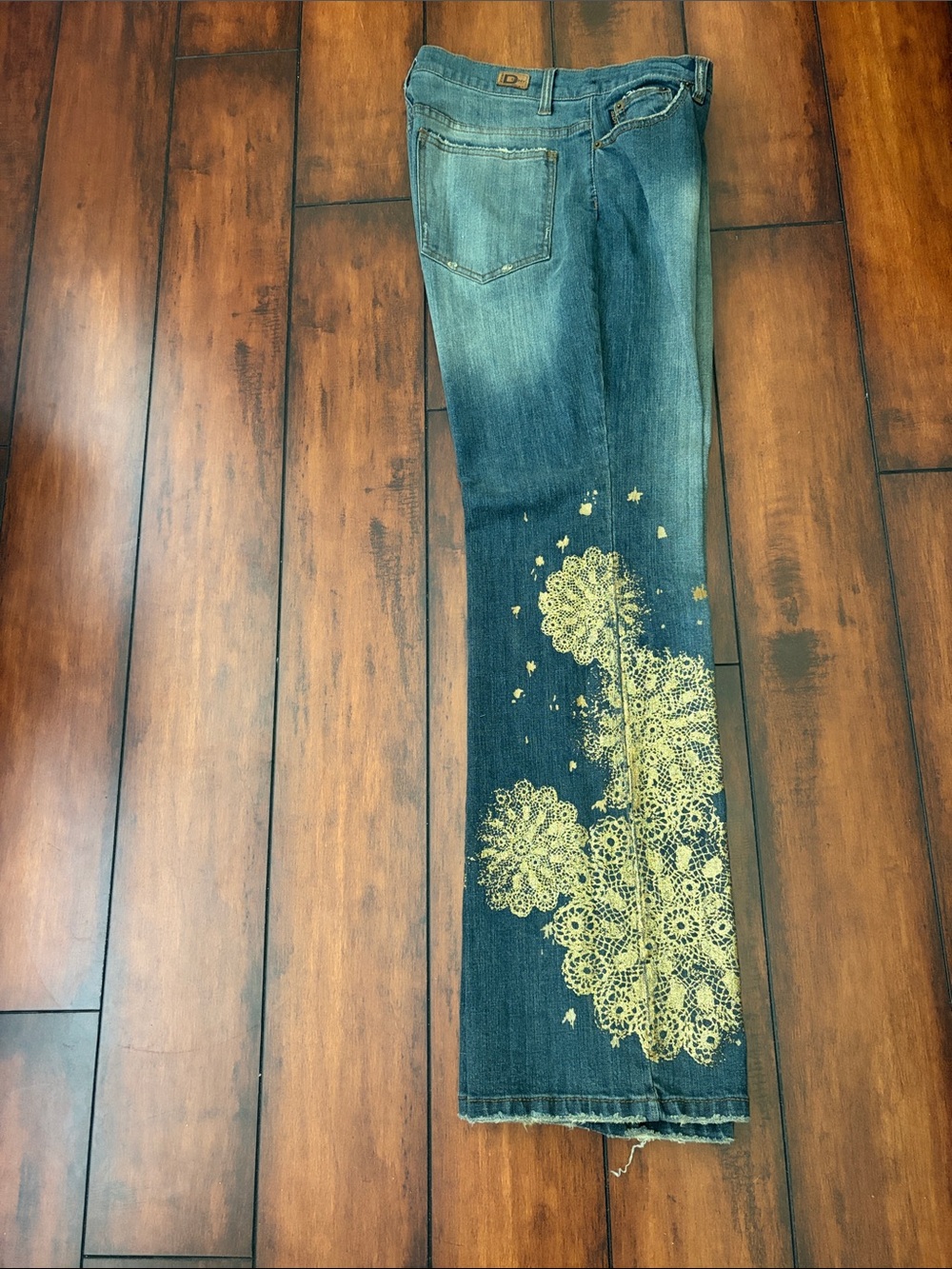 Dkny Dark Blue Flare Jeans with Gold Lace Print